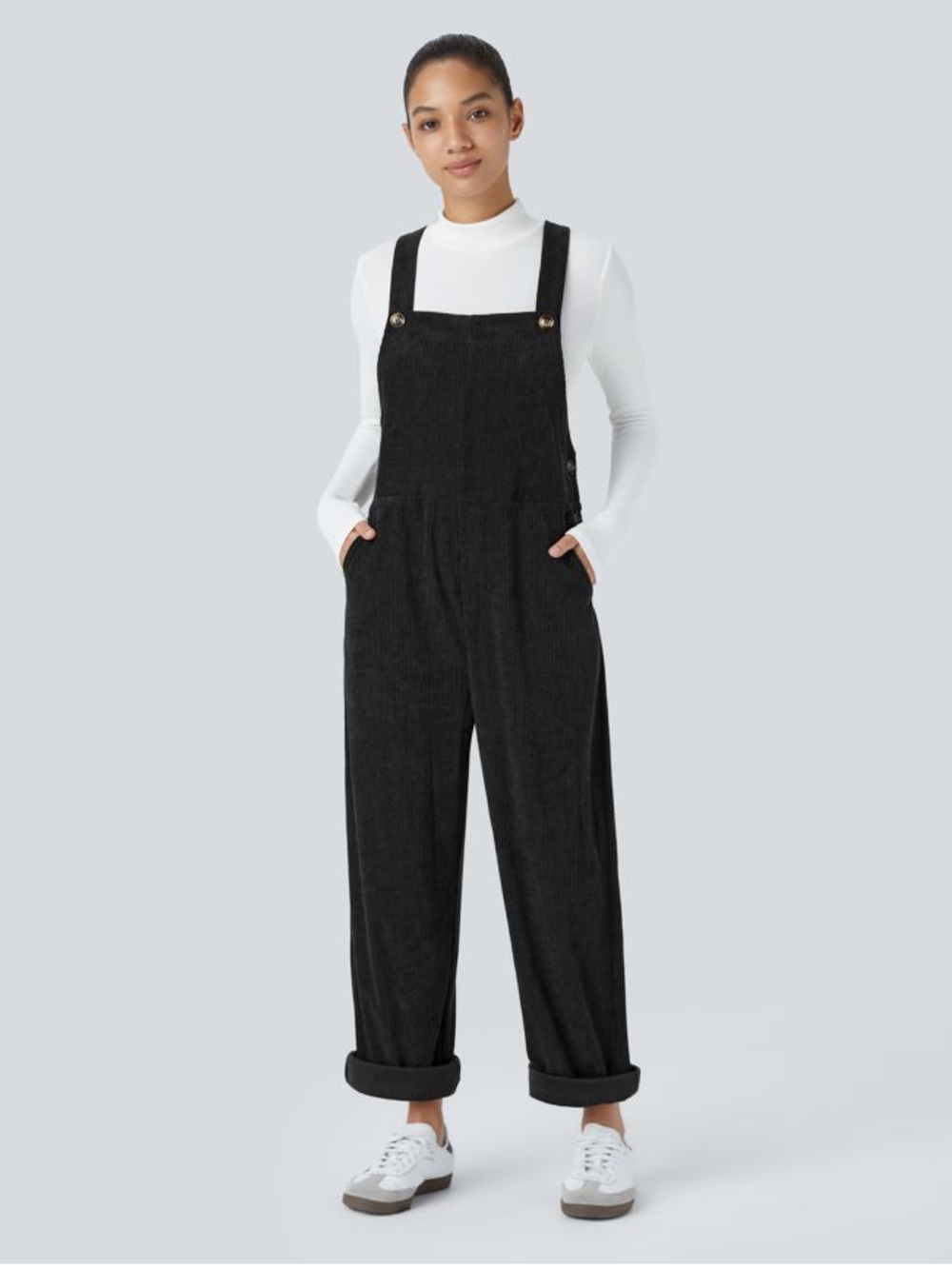 Halara Black Pockets Straight Leg Corduroy Casual Overalls